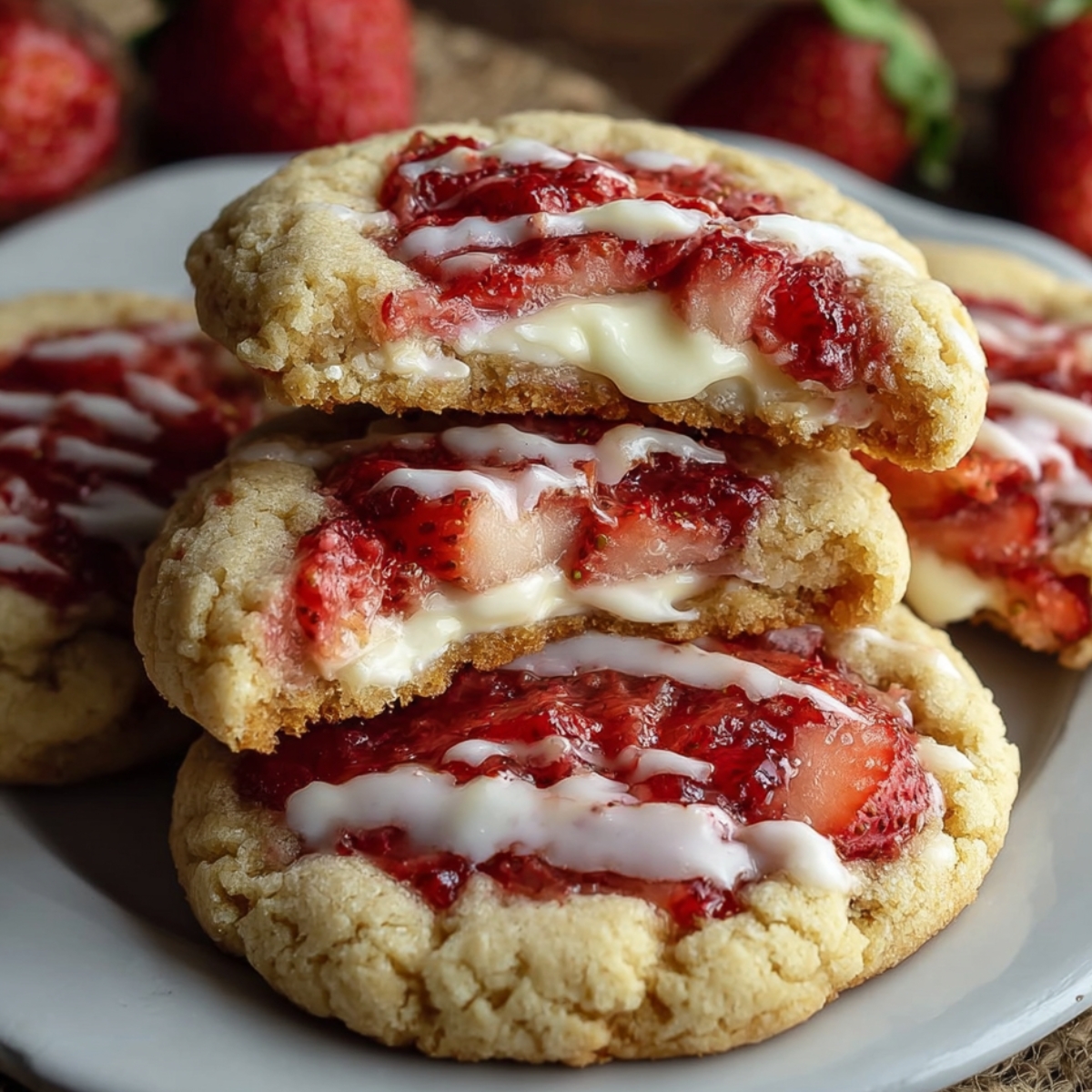 Homemade Strawberry Cheesecake Cookies topped with glossy strawberry filling and creamy drizzle, showing soft, gooey centers and fresh strawberry pieces.