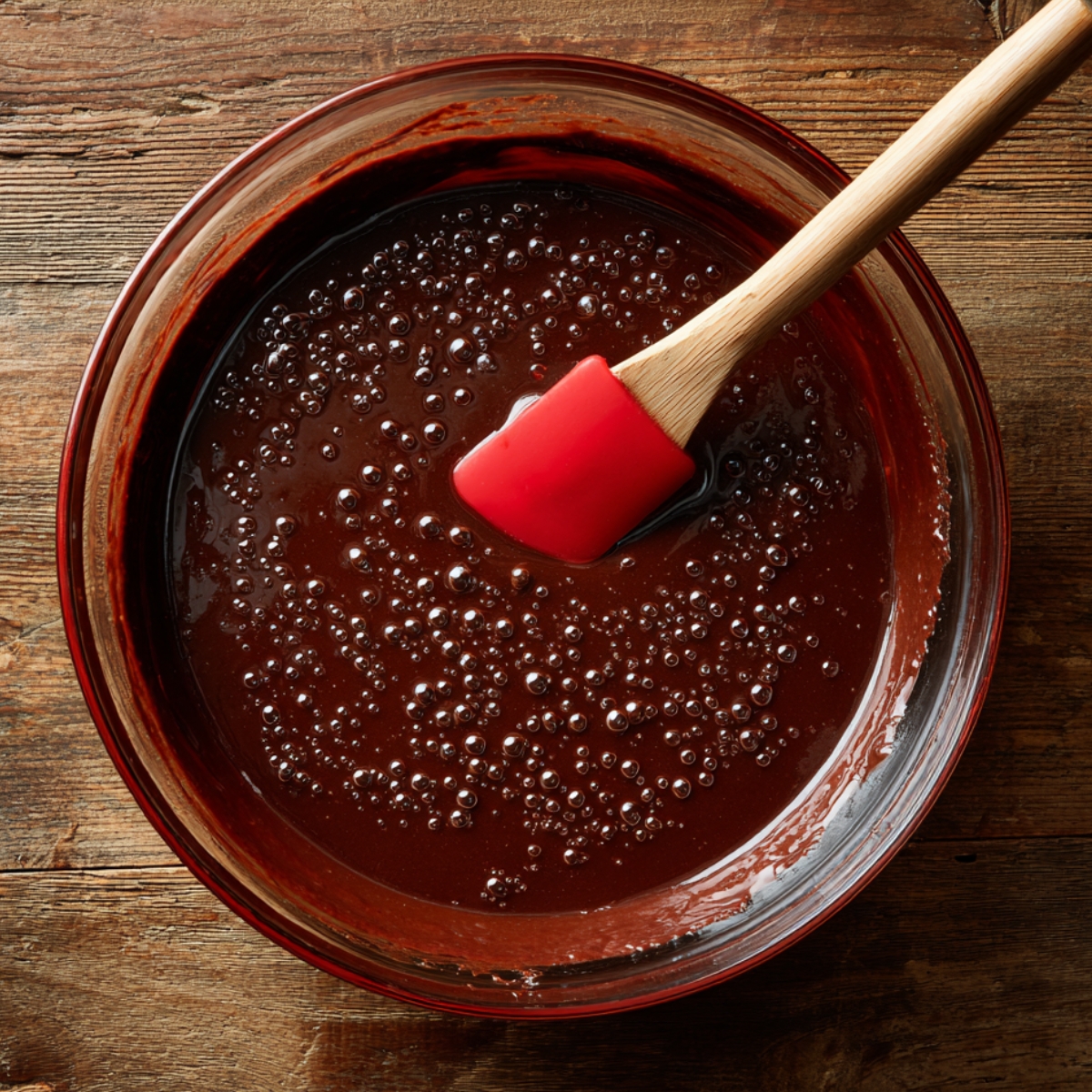 Homemade chocolate cake batter in a glass mixing bowl with a red spatula, showing glossy texture and air bubbles on a wooden countertop.