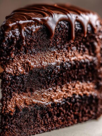 Matilda Chocolate Cake with three moist, dark layers and rich fudgy frosting, topped with a glossy chocolate drip.