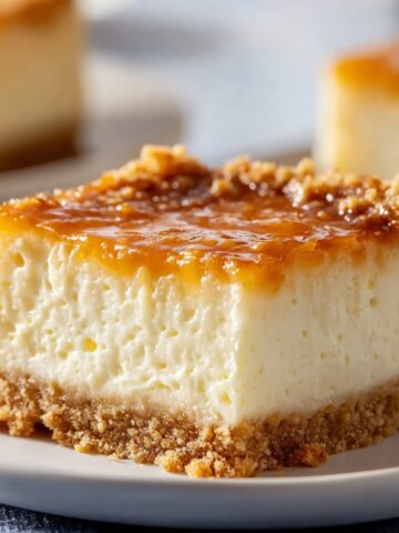 Neiman Marcus Cake slice with a caramelized golden top, creamy center, and crumbly buttery crust on a white plate.