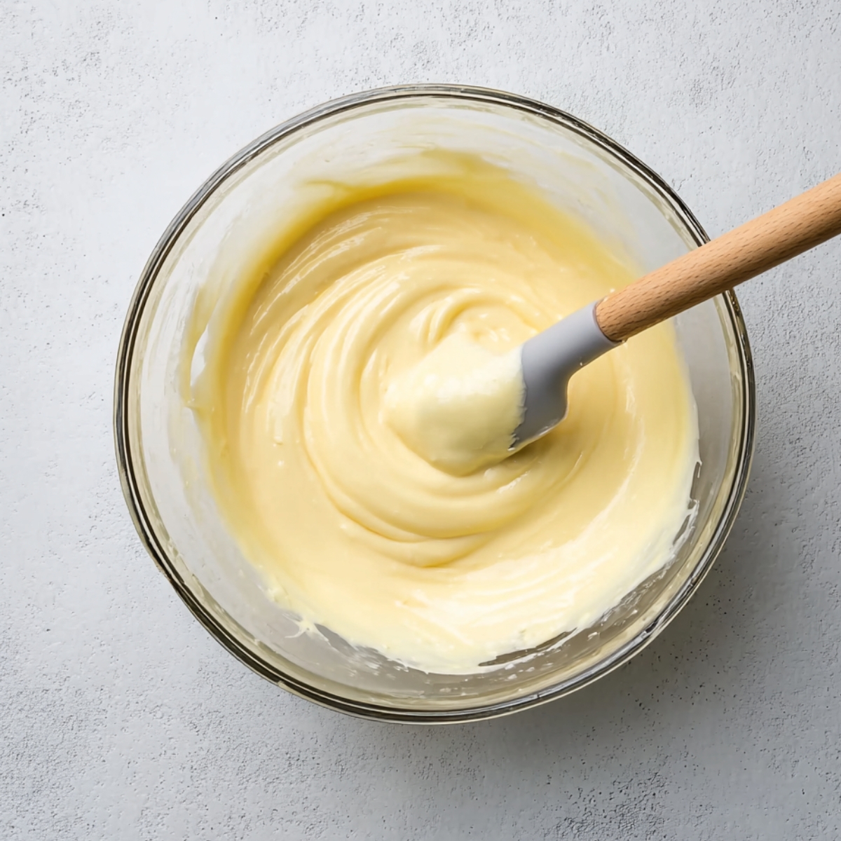 Beat the heavy whipping cream with a mixer until it forms stiff peaks, about 1 to 2 minutes. Don't overbeat or it'll turn grainy. Pull the chilled pastry cream out of the fridge and whisk it until it's smooth again. Fold in half of the whipped cream with a rubber spatula using gentle strokes, then fold in the rest until the filling is light and fluffy, almost like mousse.