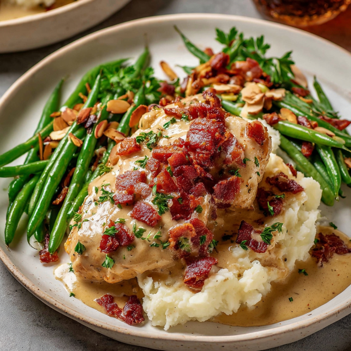 Smothered chicken with mashed potatoes, crispy bacon, parsley, and a side of green beans with toasted almonds.