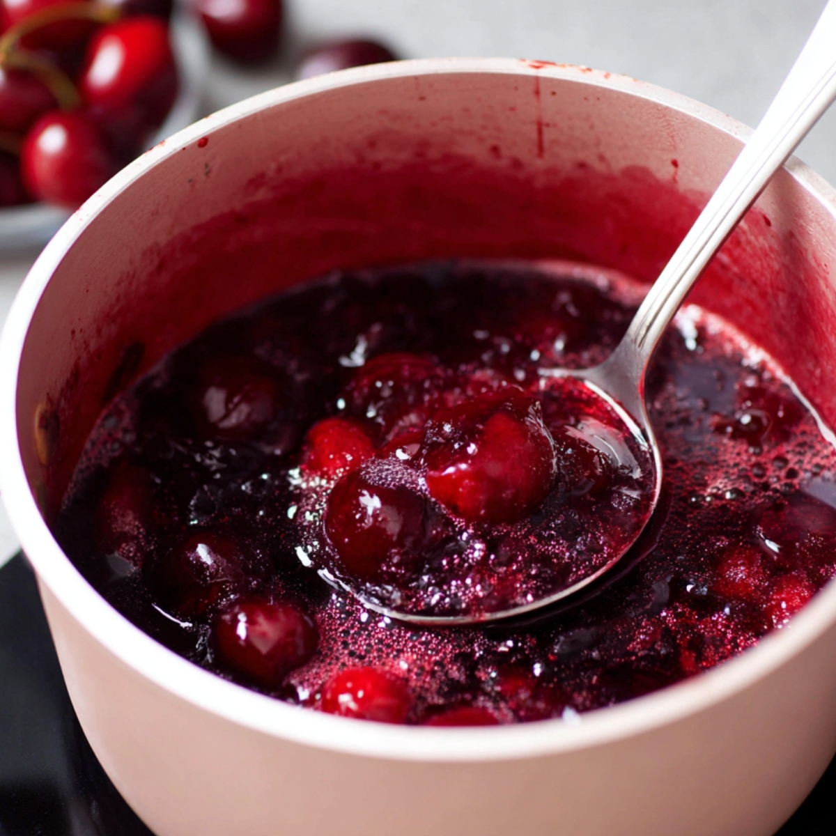 Combine the halved cherries and water in a medium saucepan over medium-high heat. Mash the cherries with a fork as they start to soften, then let them simmer for about 2 minutes. Remove the pan from the heat and strain the mixture through a fine-mesh sieve, pressing hard to get all the juice. Toss the solids. Return the juice to the pan, add the sugar and lemon juice, and bring everything to a boil. Lower the heat and let it simmer for 5 to 8 minutes, stirring now and then, until the syrup thickens enough to coat the back of a spoon. Let it cool completely, then stir in the Amaretto.