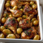 One Pan Chicken and Potatoes with crispy skin, served with golden baby potatoes, and garnished with fresh parsley, all baked in a pan for a simple and hearty meal.