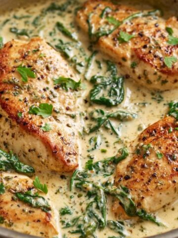 Golden-seared Creamy Dijon Chicken in a creamy Dijon sauce with spinach, garnished with fresh herbs for added flavor and color.