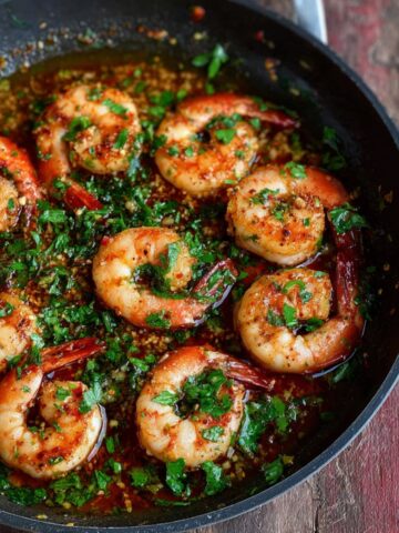 Gambas al Ajillo in garlic oil sauce, garnished with fresh parsley and red chili flakes, served in a rustic pan.