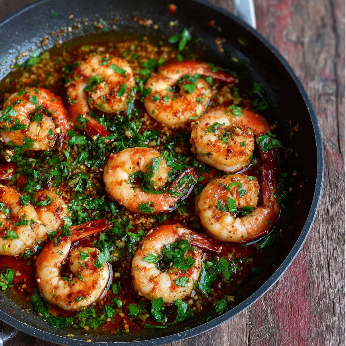 Gambas al Ajillo in garlic oil sauce, garnished with fresh parsley and red chili flakes, served in a rustic pan.