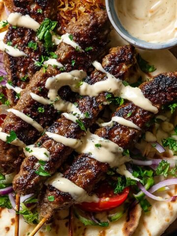 Delicious grilled kofta kebabs served on warm flatbread, drizzled with a creamy tahini sauce, and garnished with fresh herbs, red onions, and tomatoes.
