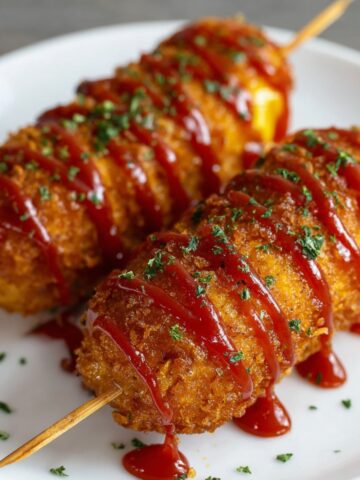 Fried Mac and Cheese Korean Corn Dog with melted cheese spilling out, drizzled with ketchup.