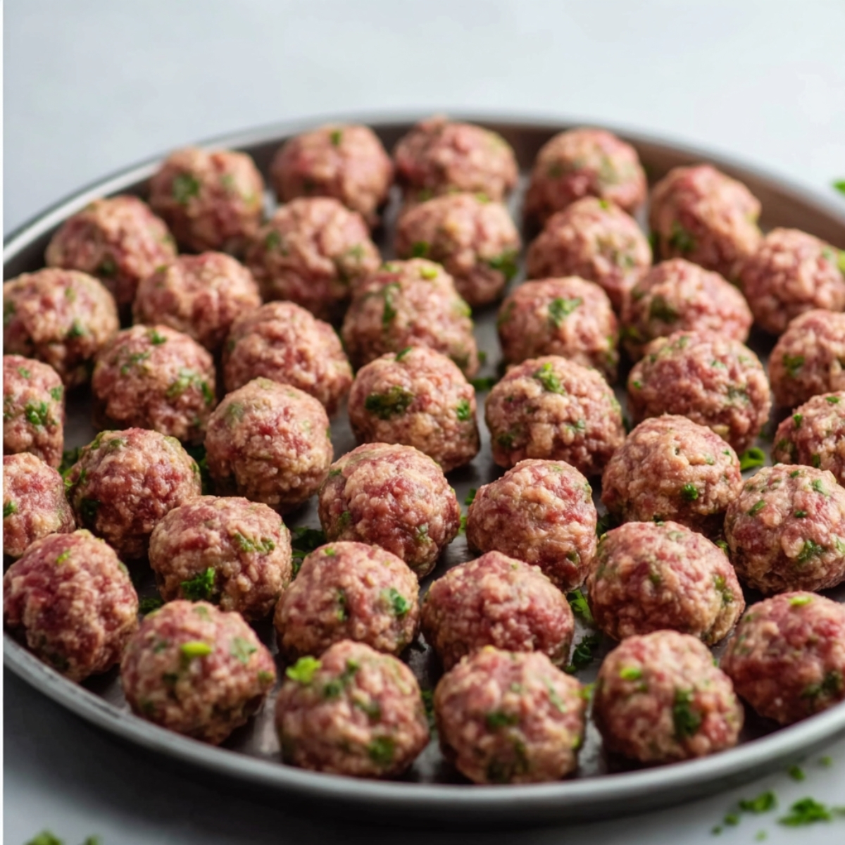Homemade meatballs, rolled and placed neatly on a tray, ready to be cooked and added to a savory soup.