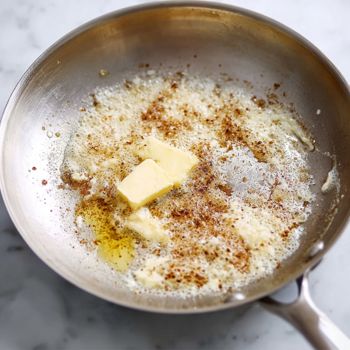 A pan with melted butter, bubbling with garlic and seasoning, creating a fragrant base for a savory dish.