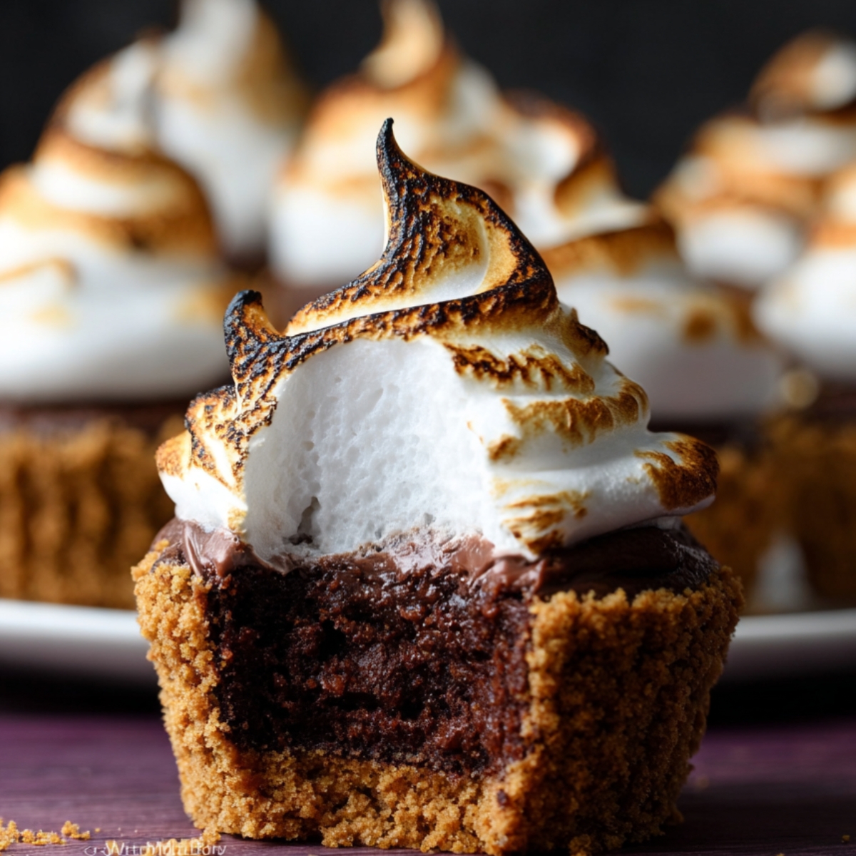 S'mores Brownie Cupcakes with a perfectly toasted meringue topping, revealing the fudgy, chocolate-filled interior and graham cracker crust.