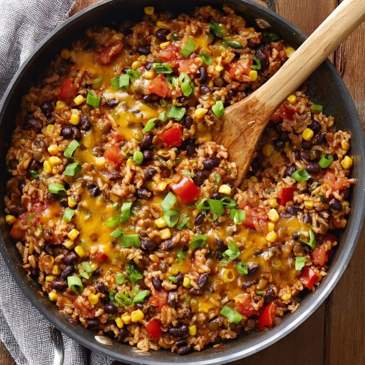 A hearty Southwest Lentils and Rice Skillet with melted cheese, black beans, corn, and diced tomatoes, topped with fresh green onions for garnish.