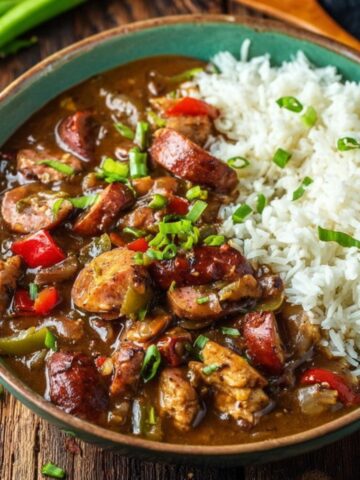A bowl of Authentic Chicken and Sausage Gumbo served with fluffy white rice, garnished with green onions, placed on a rustic wooden surface.
