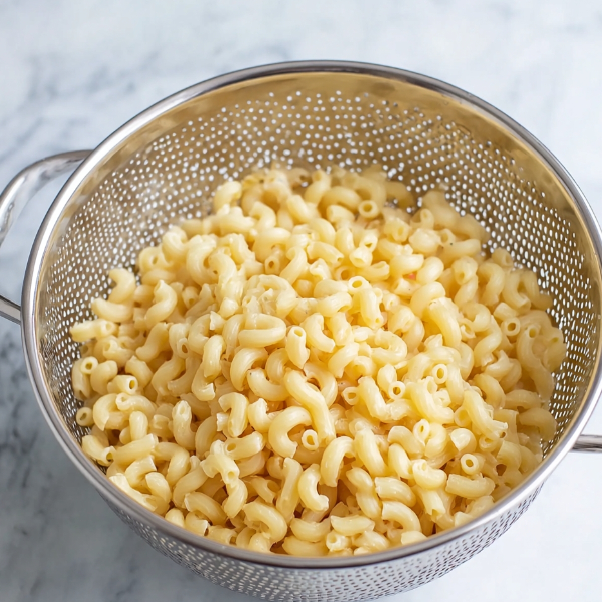 Close-up of cooked macaroni pasta in a strainer, ready to be used for mac and cheese.