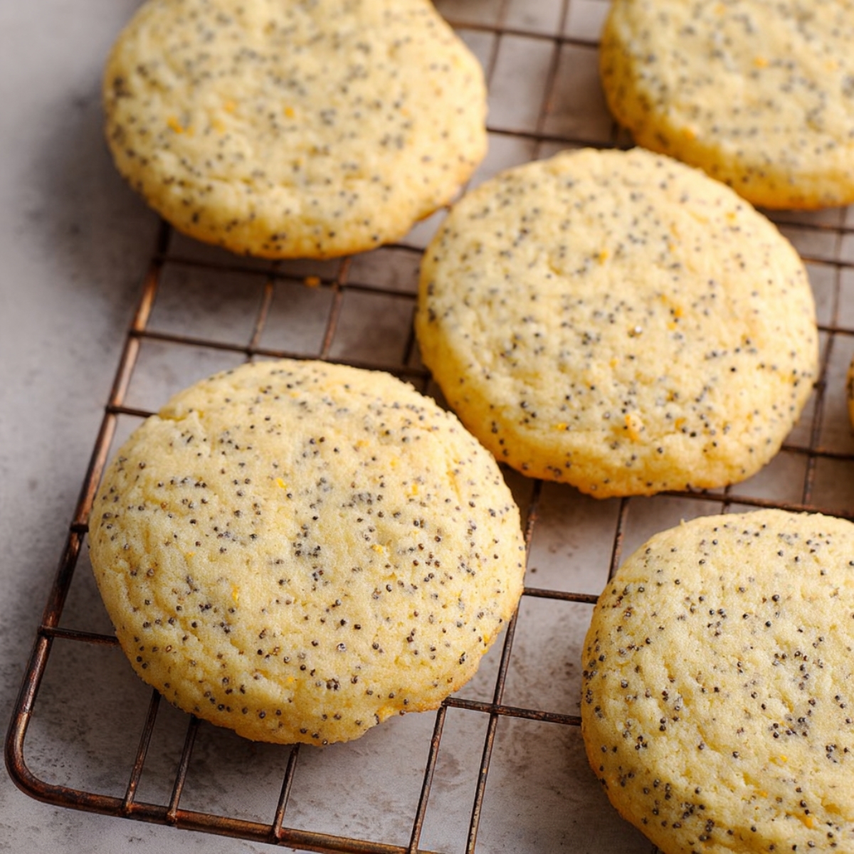 Freshly baked lemon poppy seed cookies cooling on a wire rack, showing their soft texture with a golden finish.