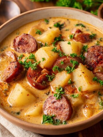 Close-up of a Creamy Cajun Potato Soup served with sausage, topped with fresh parsley.