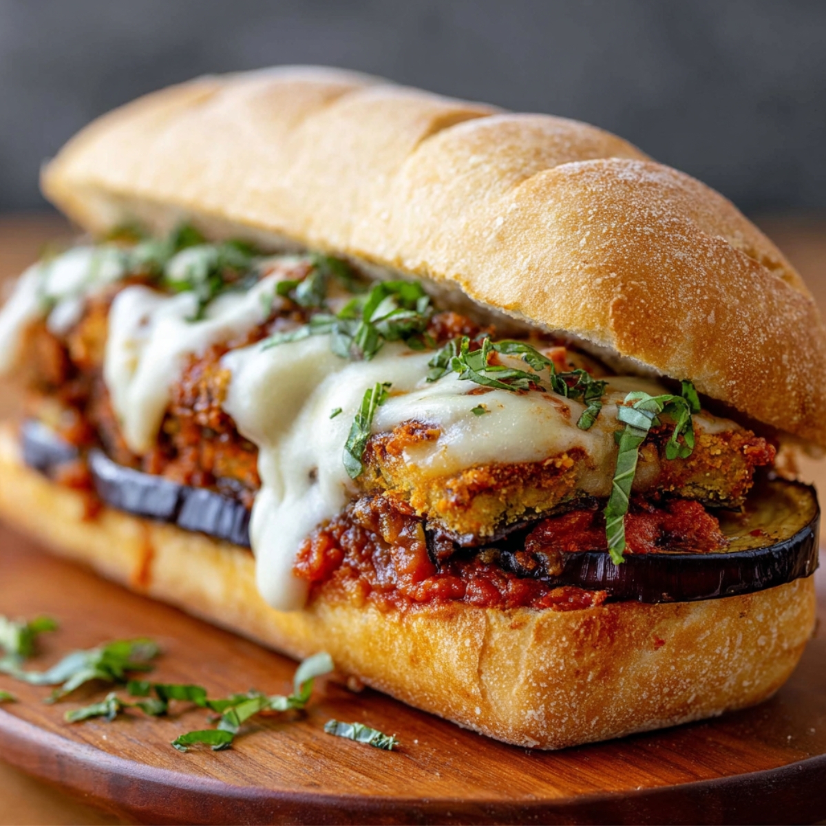 A delicious Eggplant Mozzarella Sandwiches served with marinara sauce and garnished with fresh basil.