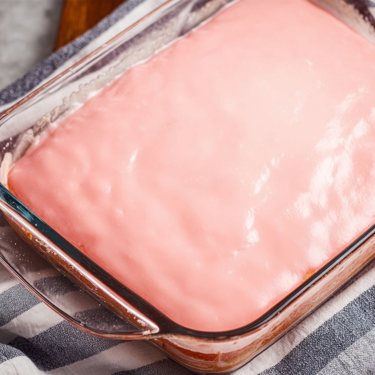 Guava gel topping spread over cake.