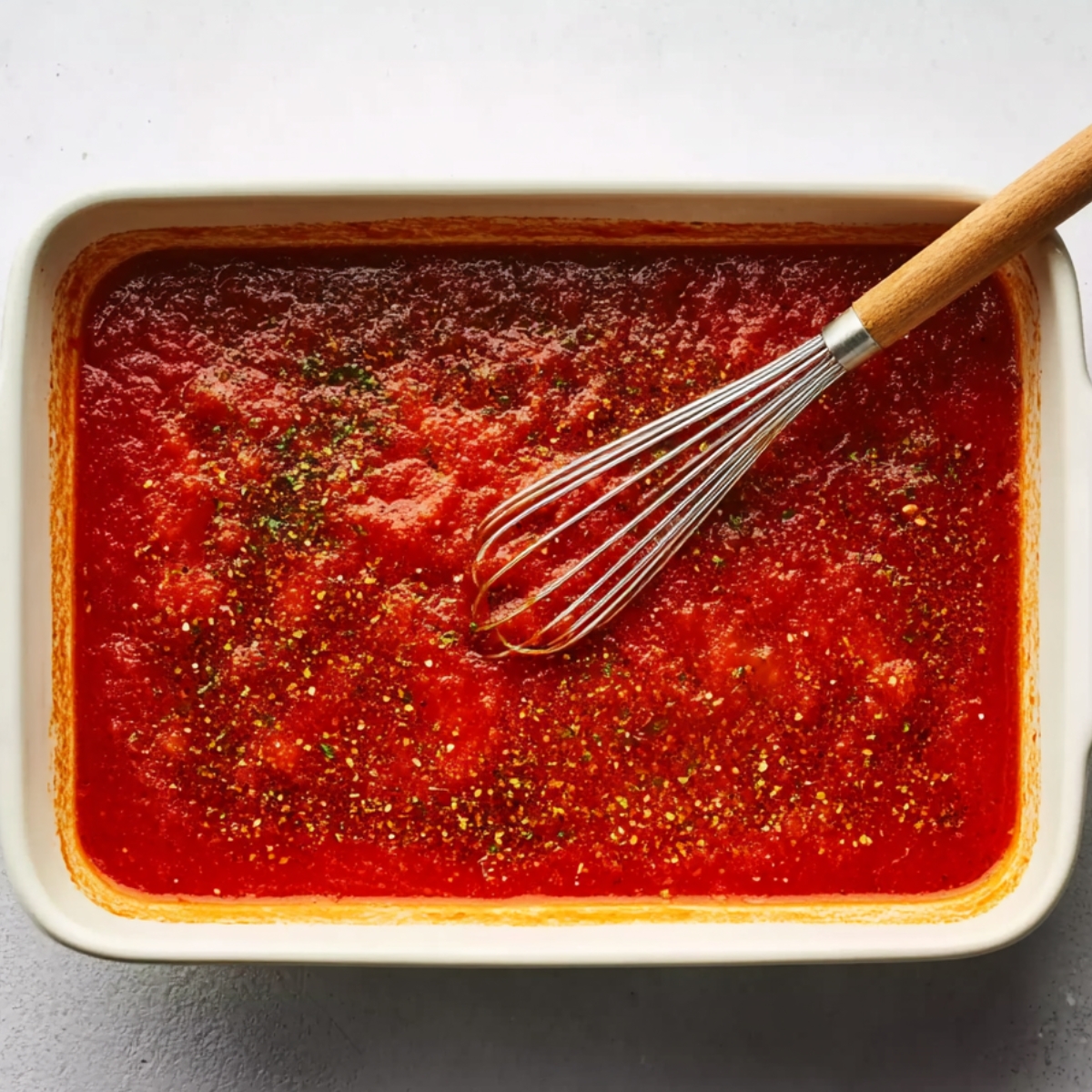 A rectangular baking dish with freshly prepared marinara sauce, whisked and seasoned with herbs for added flavor.