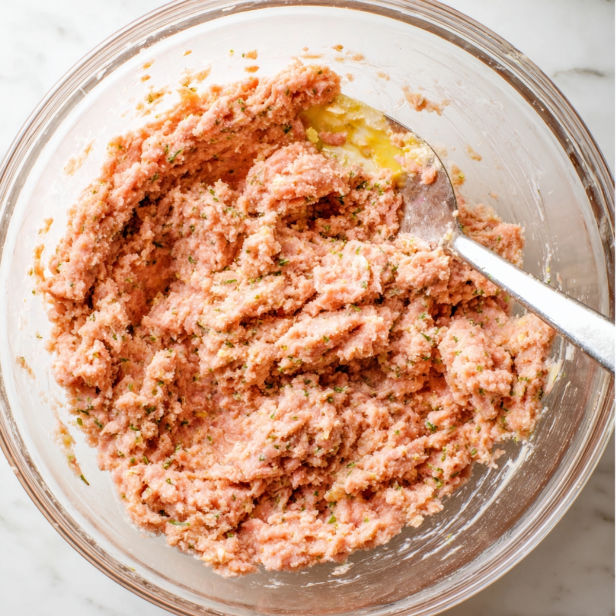 A mixing bowl filled with a pinkish raw ground meat mixture, showing finely chopped herbs and seasonings combined together with a spoon.