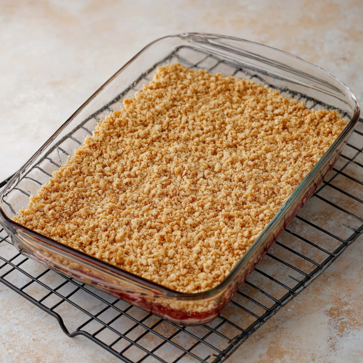 A baking dish filled with the pressed pretzel crust, ready to be baked. The crust is evenly spread across the bottom of the dish and sits on a wire cooling rack.