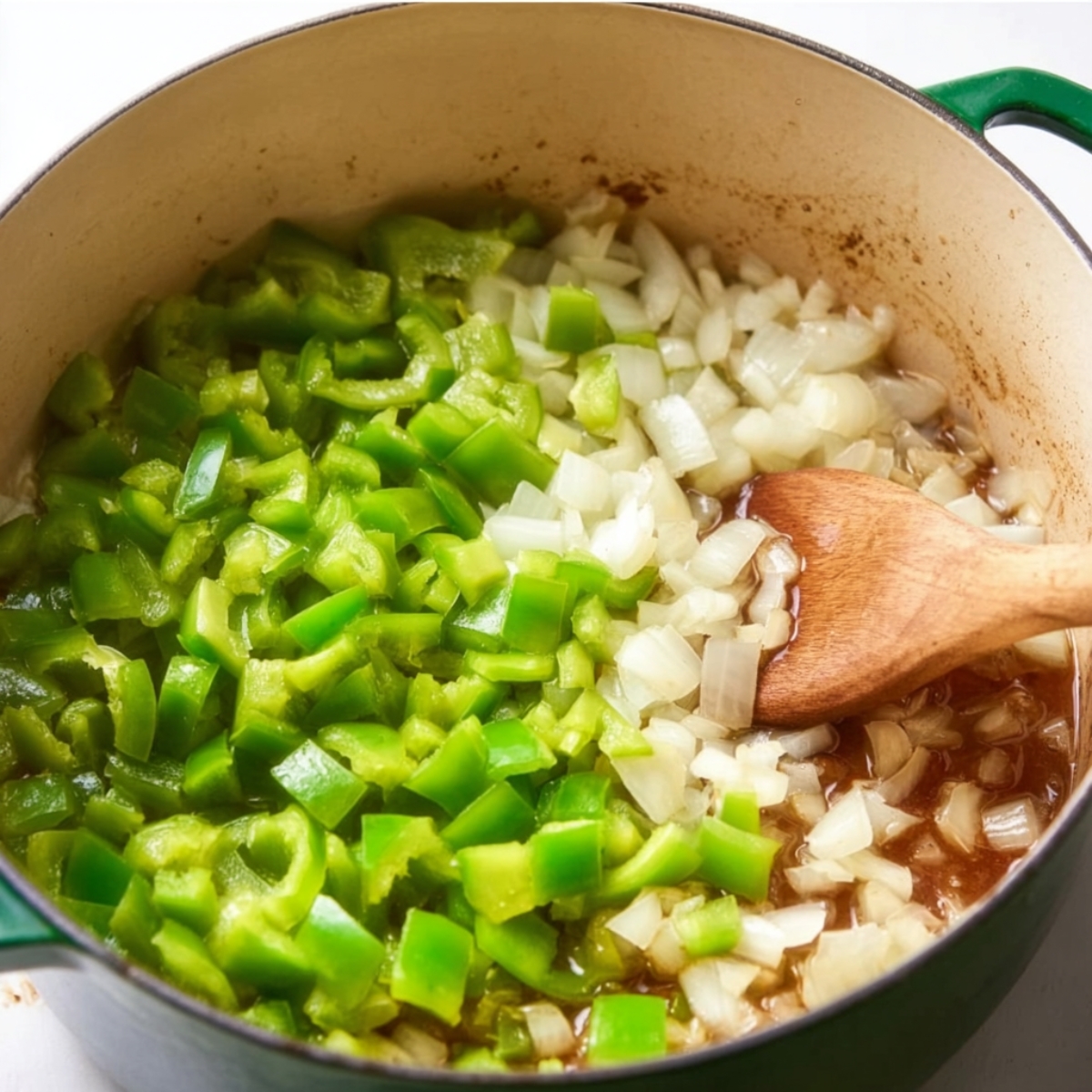 Sautéed green peppers and onions in a skillet.