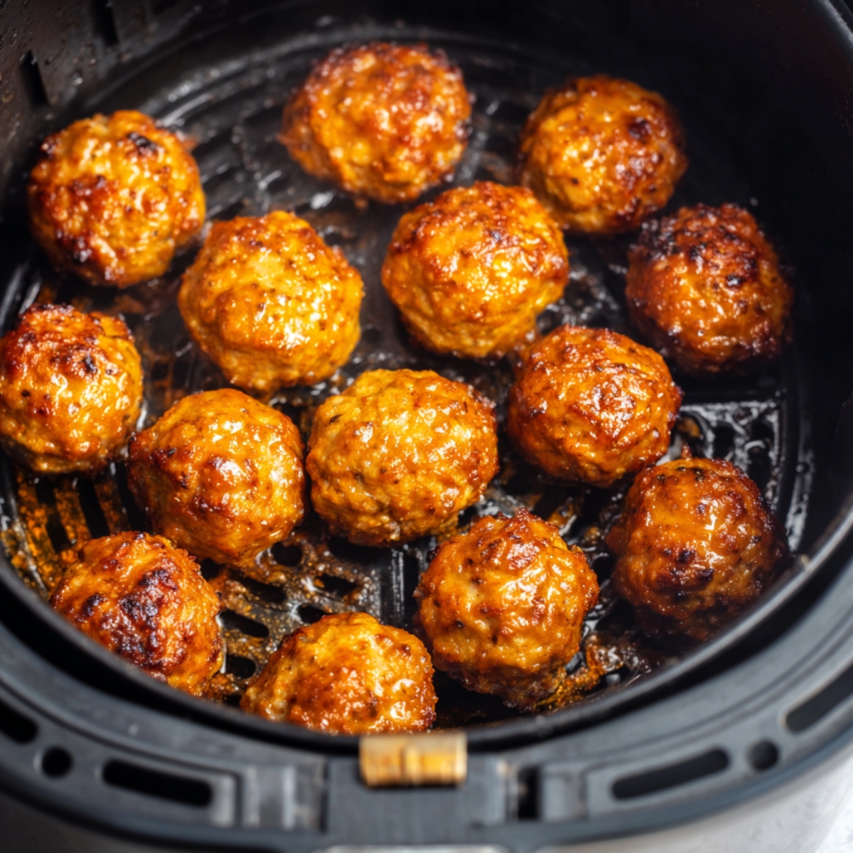 A batch of golden, crispy meatballs freshly cooked in an air fryer, with a shiny, slightly caramelized glaze on top.
