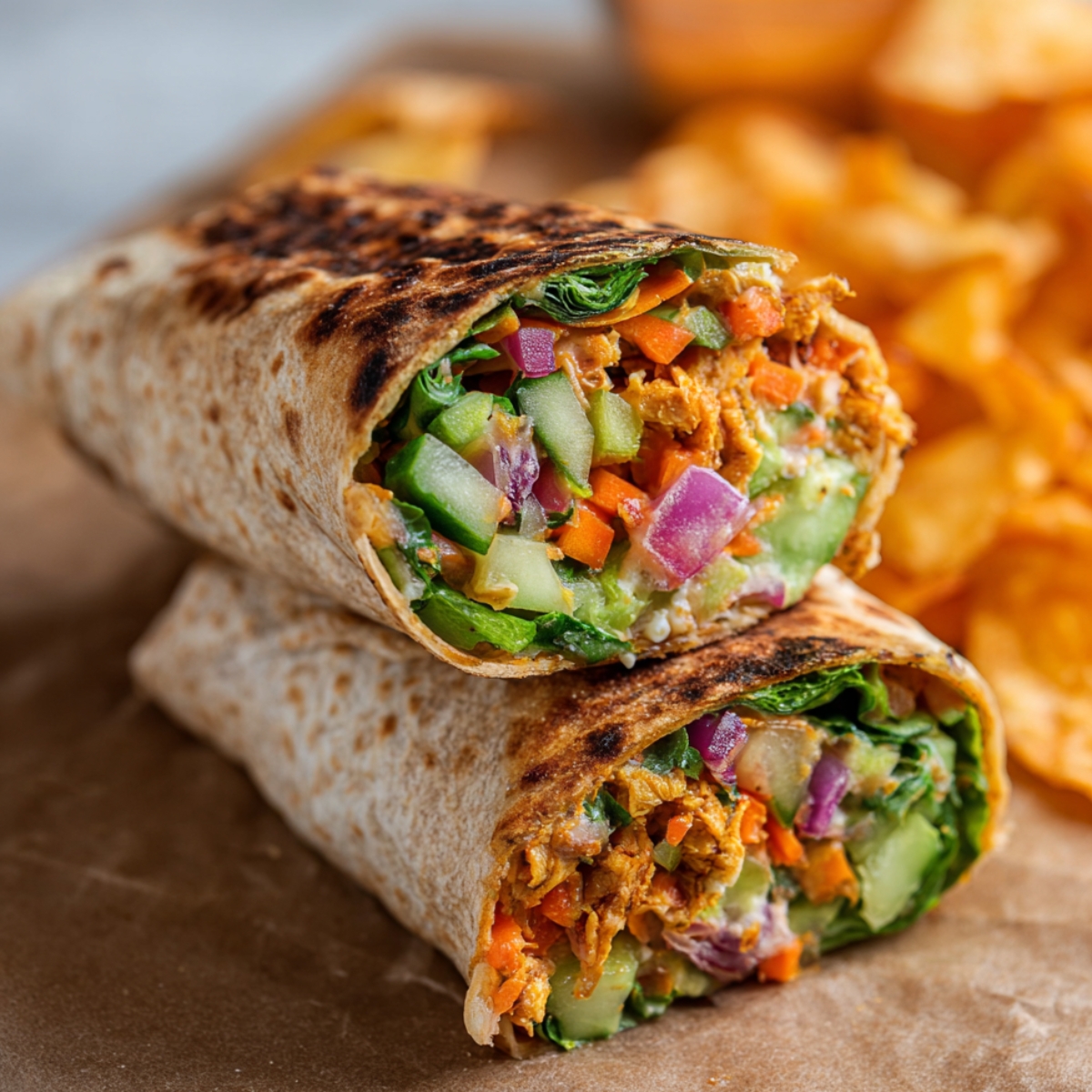 A close-up of a freshly assembled Shredded Tofu Wrap filled with shredded tofu, vegetables, and a creamy sauce, wrapped in a whole wheat tortilla.