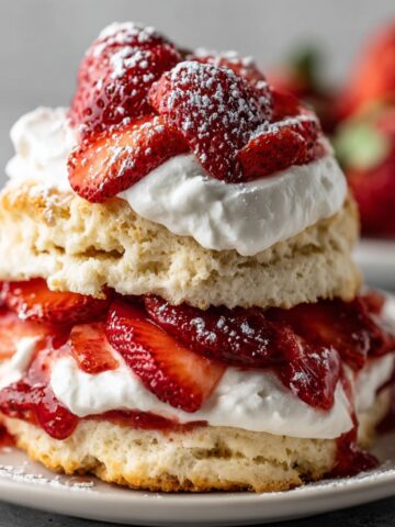 A close-up of a finished Vegan Strawberry Shortcake stacked on a plate, with layers of biscuit, whipped cream, and fresh strawberries, dusted with powdered sugar.