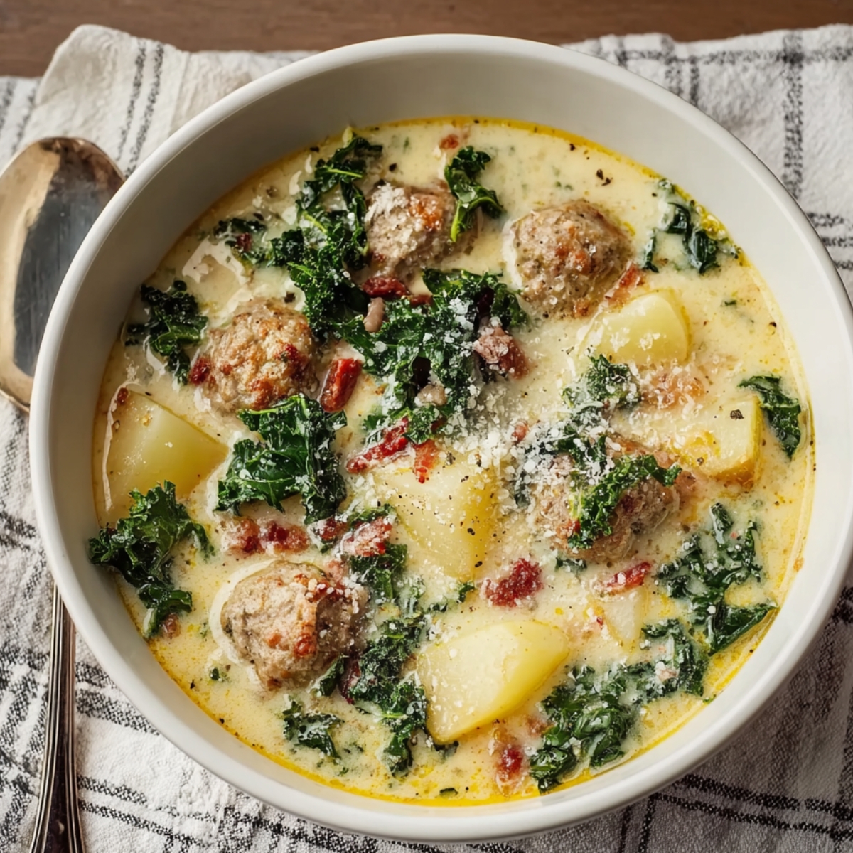 A bowl of Zuppa Toscana Soup with sausage, kale, and potatoes, garnished with Parmesan.
